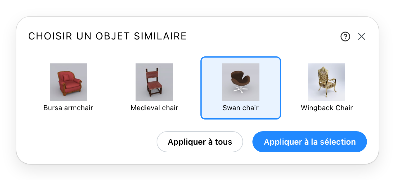 Le dialogue Choisir un objet similaire, avec une alternative choisie