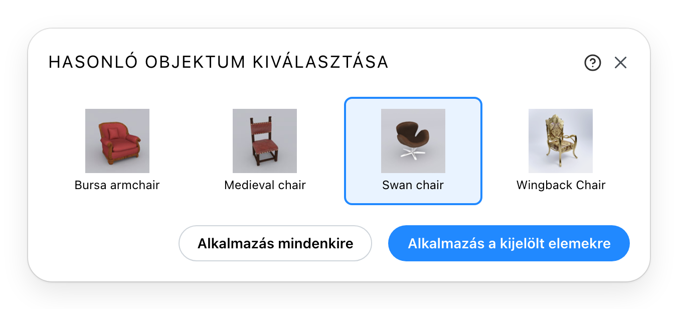 A Hasonló objektum kiválasztása párbeszédablak, egy választott alternatívával