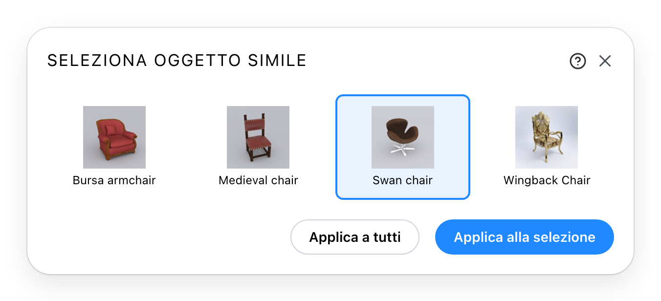 Il dialogo Seleziona oggetto simile, con un'alternativa scelta
