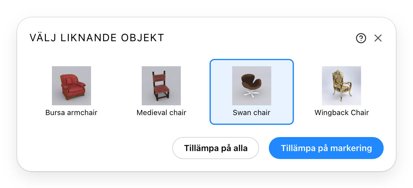 Dialogen Välj liknande objekt, med ett alternativ valt