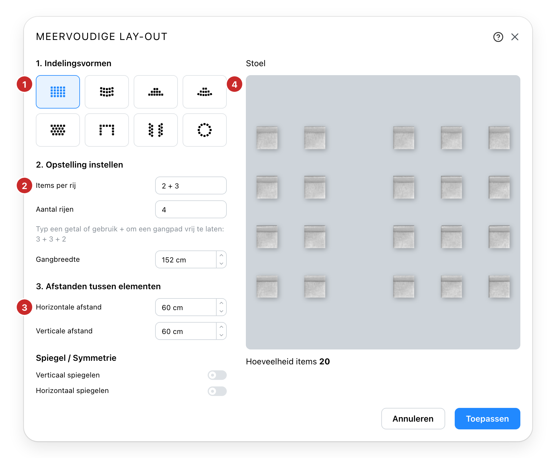 Het dialoogvenster Meervoudige lay-out