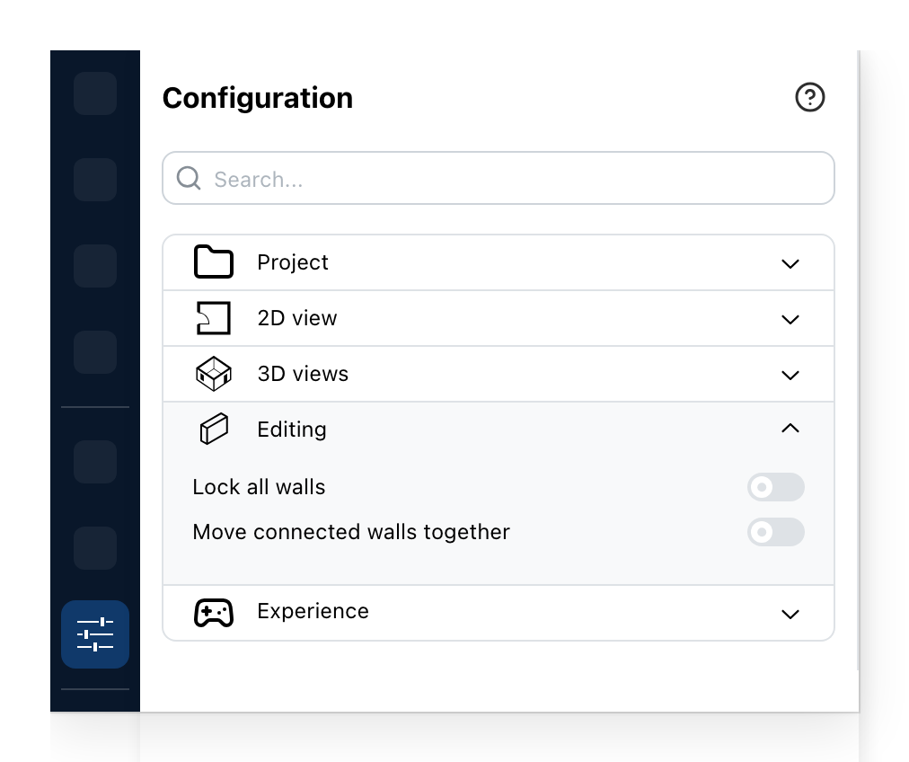 The Configuration panel, on Editing