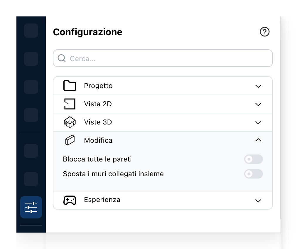 Il pannello Configurazione, su Modifica