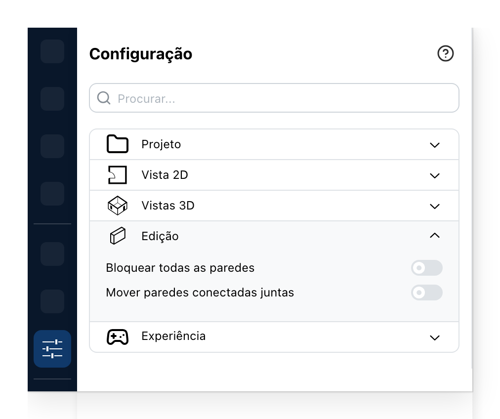O painel de Configuração, em Edição