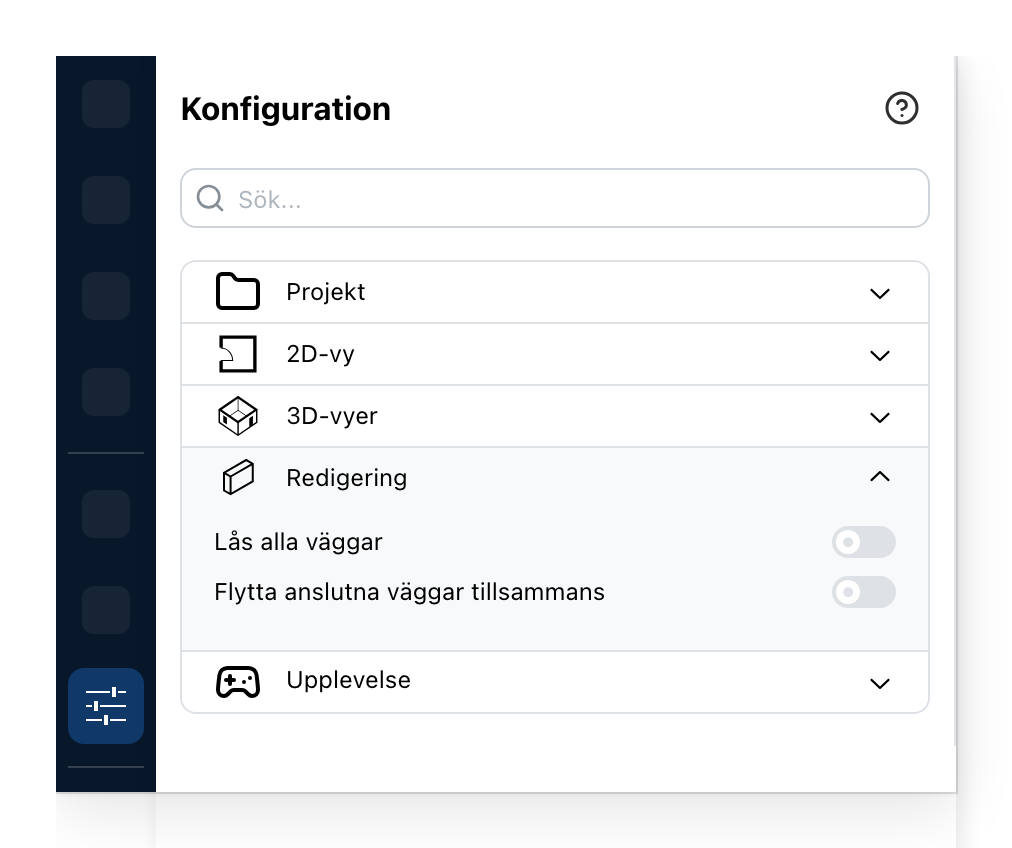Konfigurationspanelen, på Redigering
