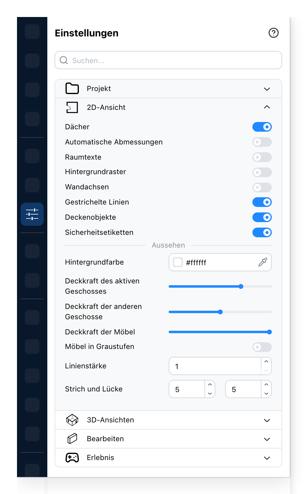 Das Konfigurationsfeld, bei der 2D-Ansicht