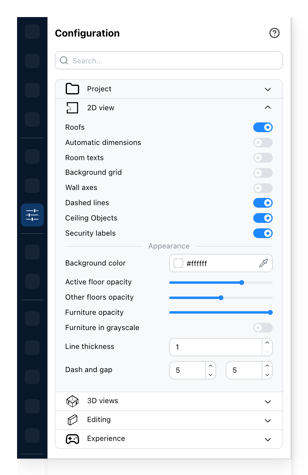 The Configuration panel, on the 2D view