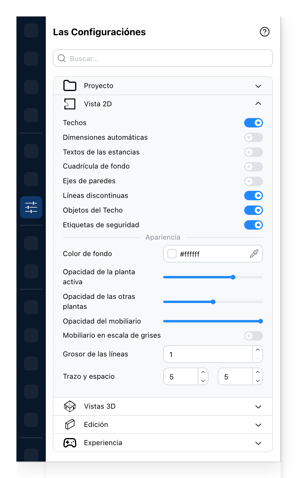 El panel de Configuración, en la vista 2D