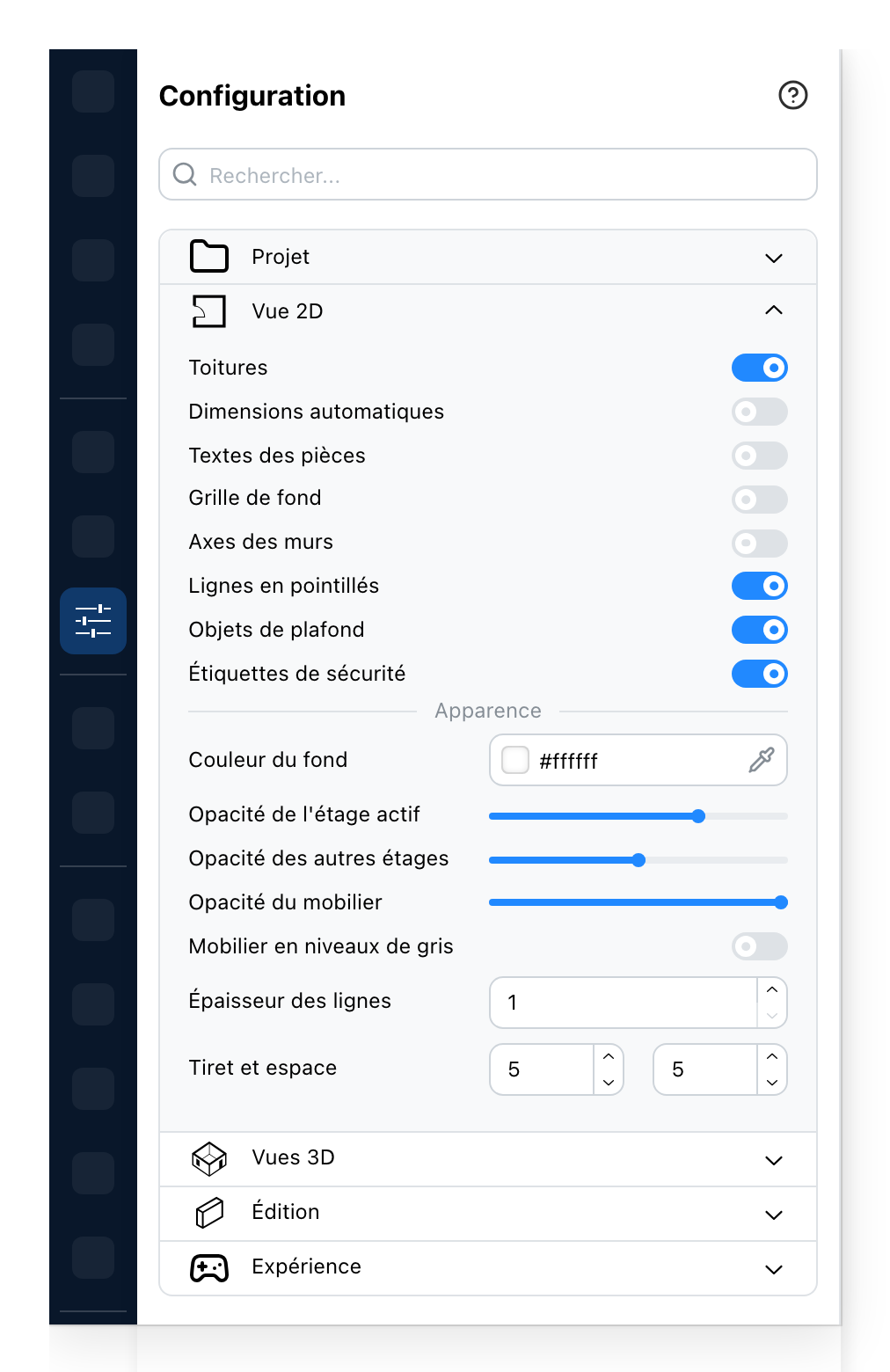Le panneau Configuration, sur la vue 2D