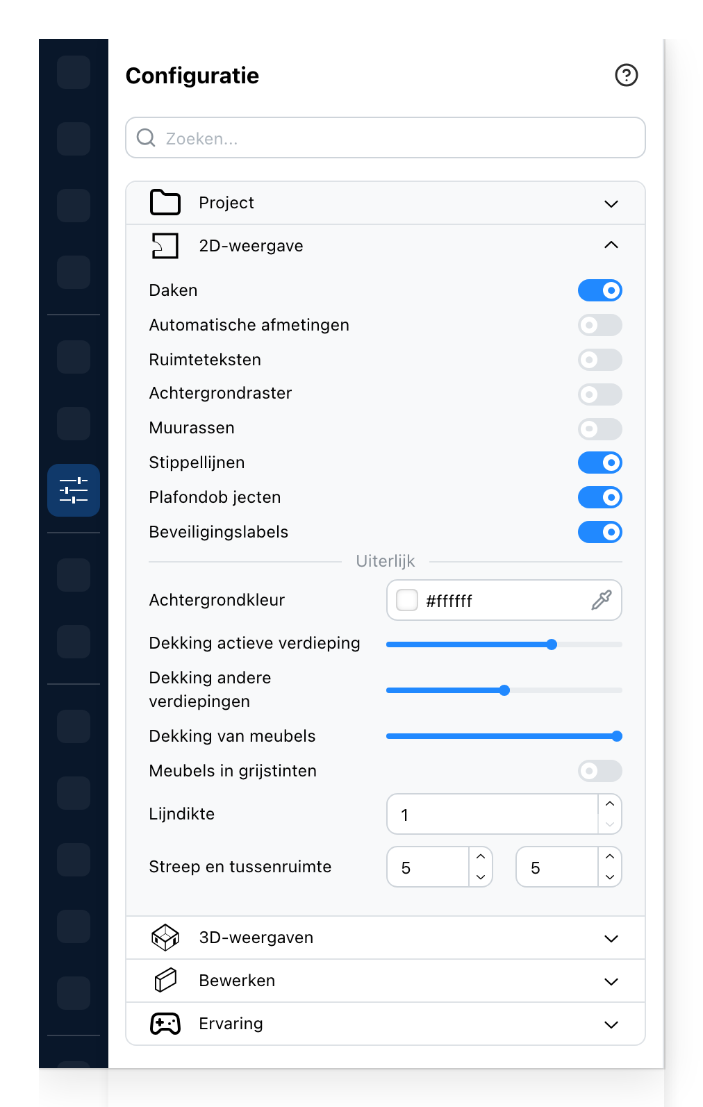 Het Configuratiepaneel, op de 2D-weergave
