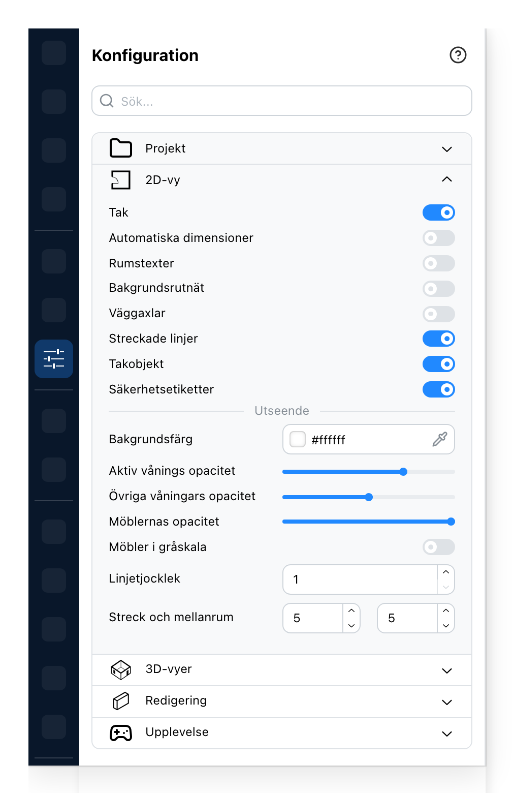 Konfigurationspanelen, på 2D-vyn
