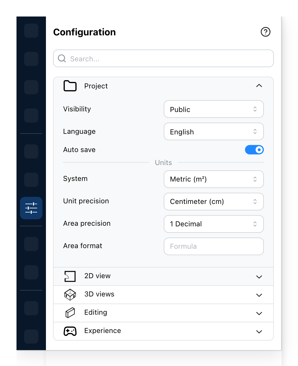 The Configuration panel, on Project