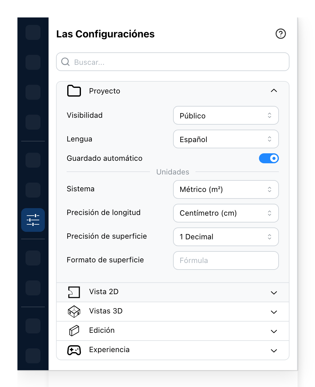El panel de Configuración, en Proyecto