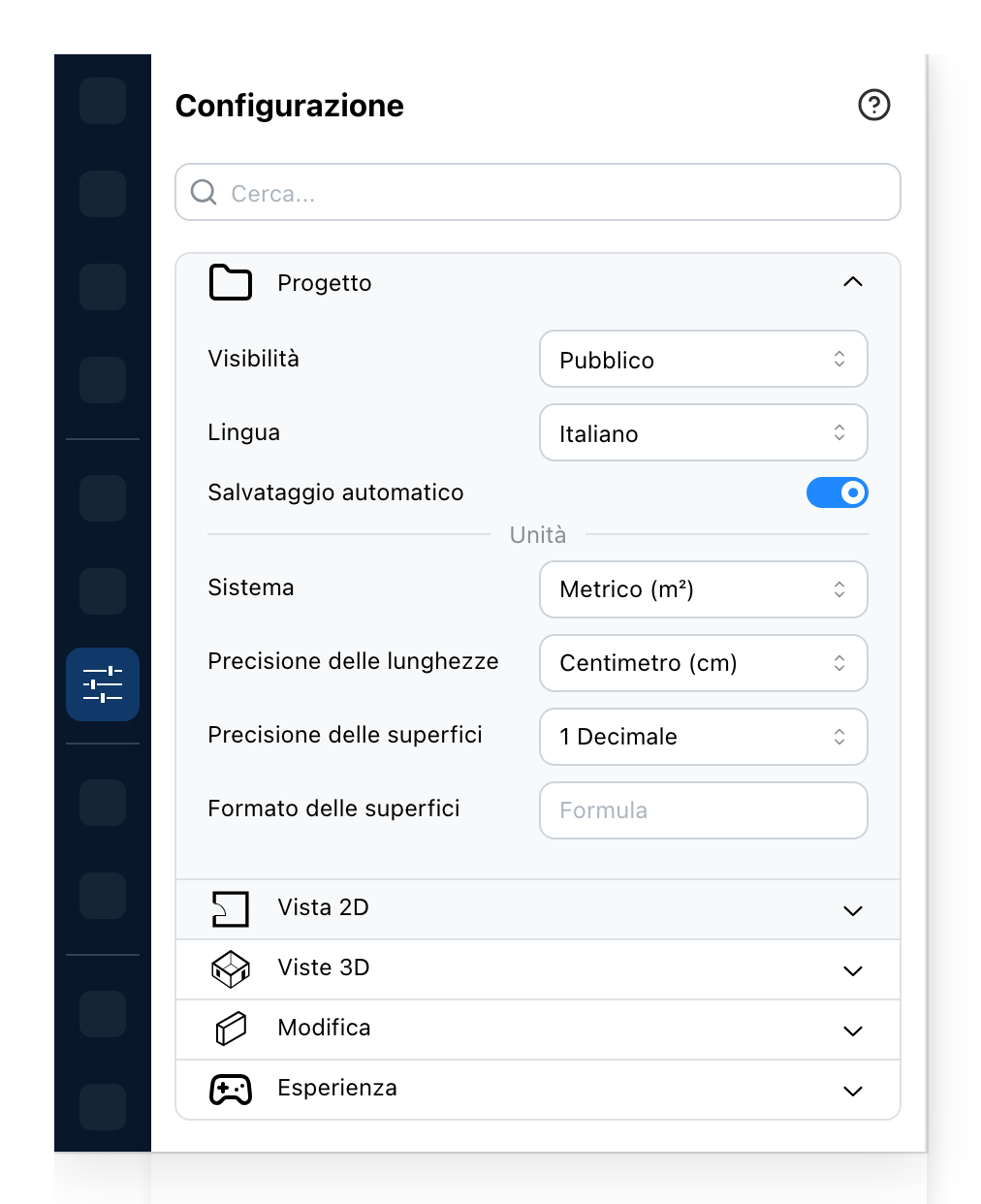 Il pannello Configurazione, su Progetto