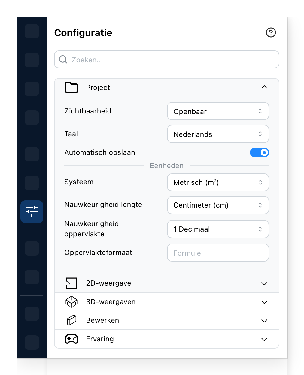 Het Configuratiepaneel, op Project