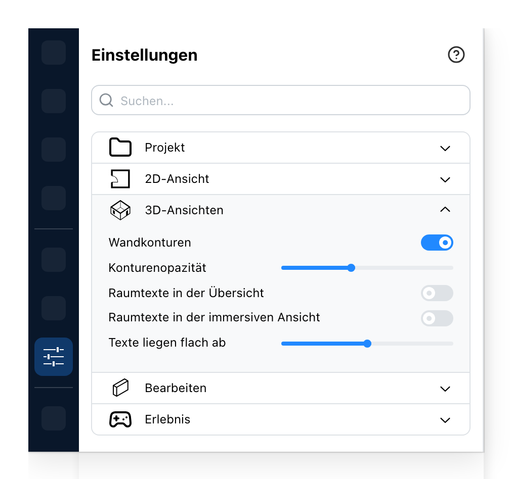 Das Konfigurationsfeld, bei den 3D-Ansichten