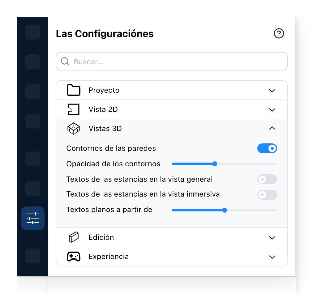 El panel de Configuración, en las vistas 3D