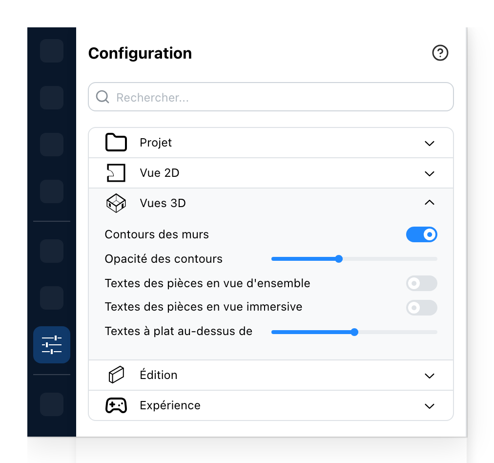 Le panneau Configuration, sur les vues 3D