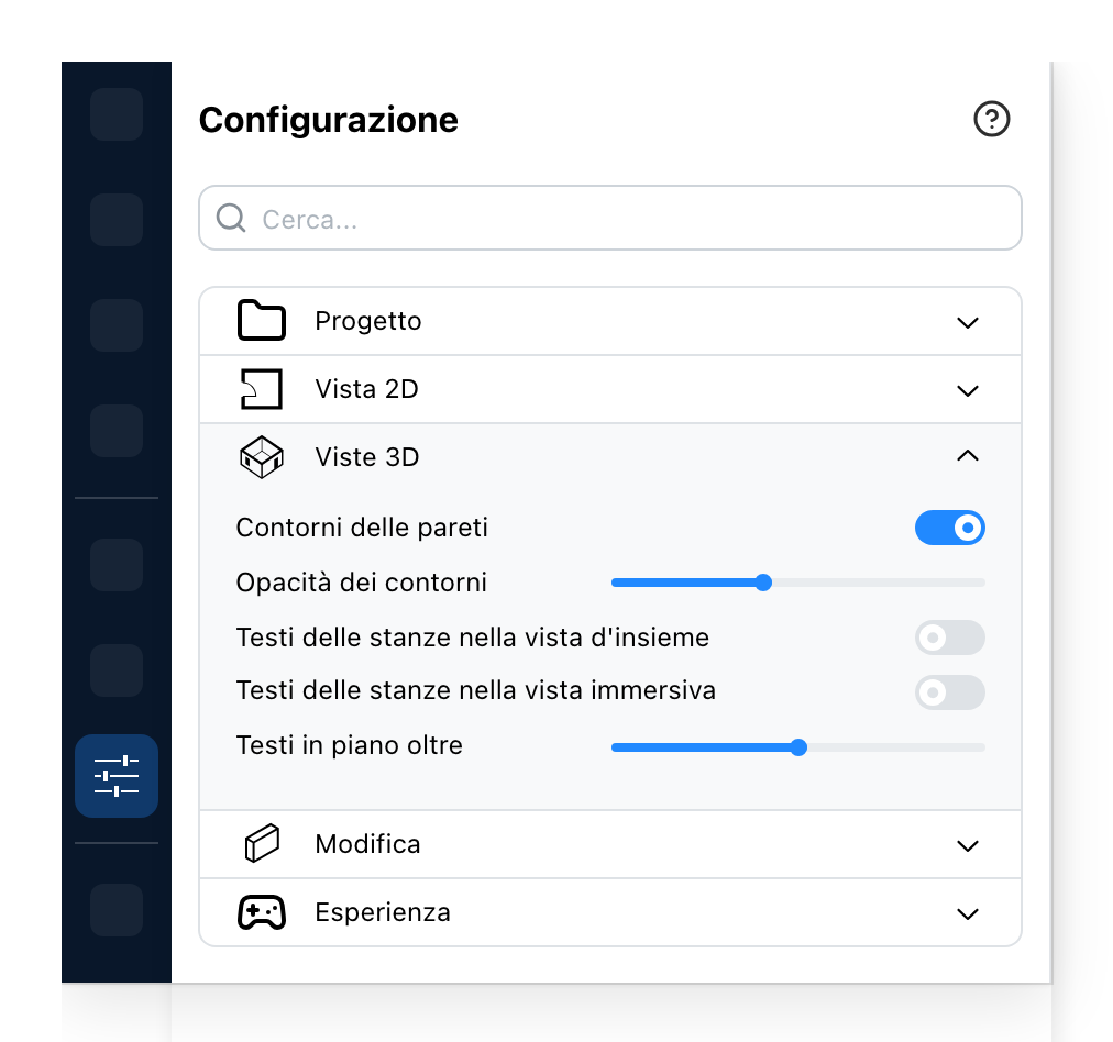 Il pannello Configurazione, sulle viste 3D
