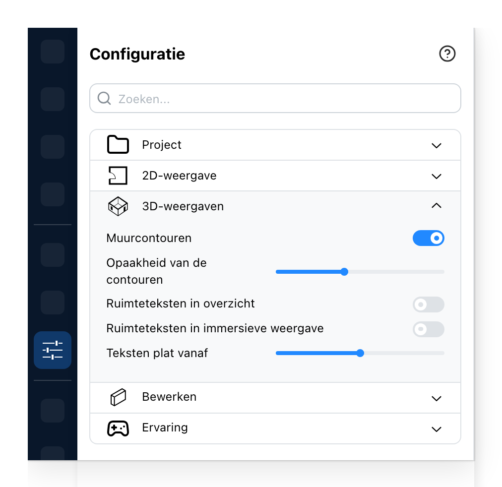 Het Configuratiepaneel, op de 3D-weergaven