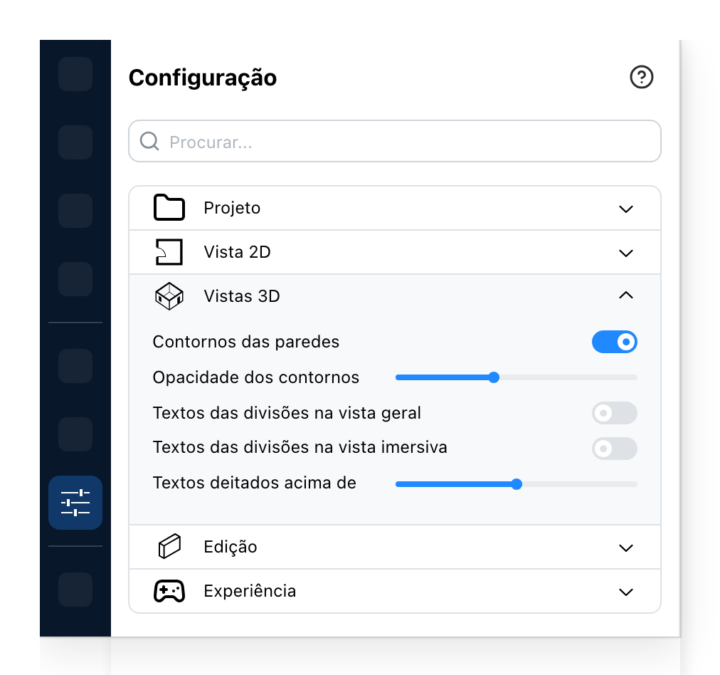O painel de Configuração, nas vistas 3D