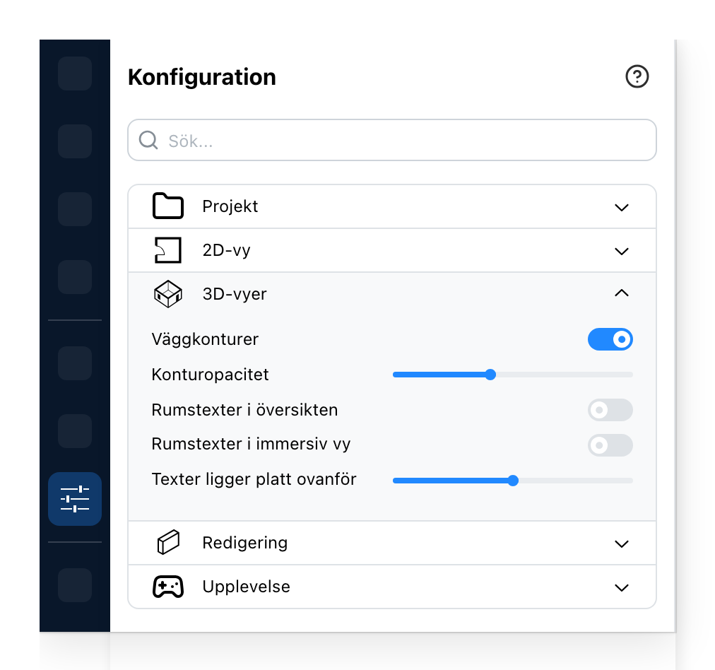 Konfigurationspanelen, på 3D-vyerna
