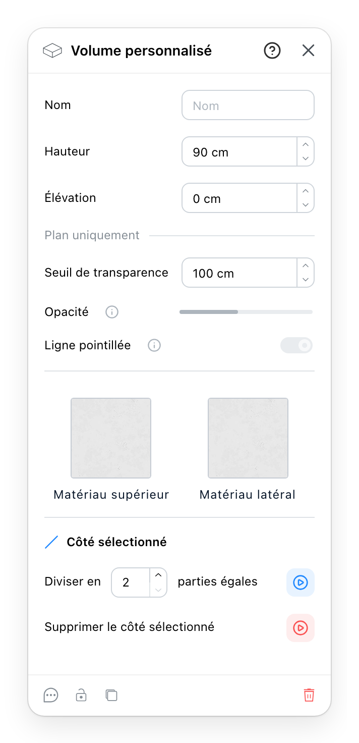 Le panneau Volume personnalisé