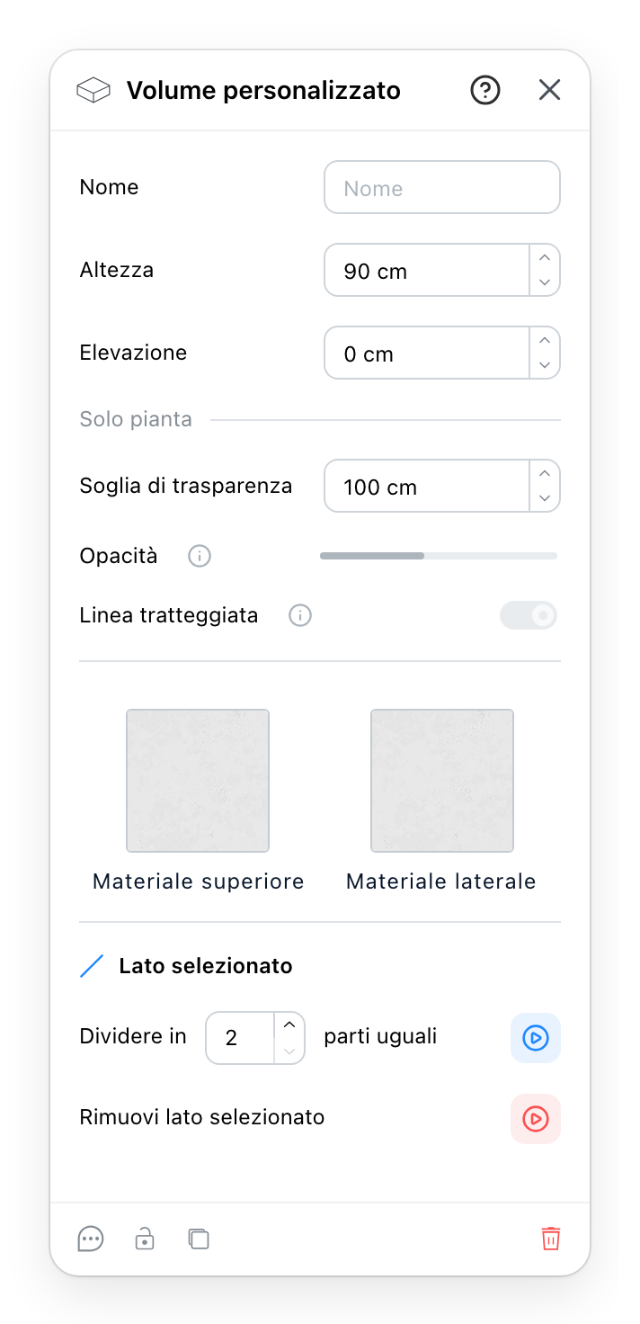 Il pannello Volume personalizzato