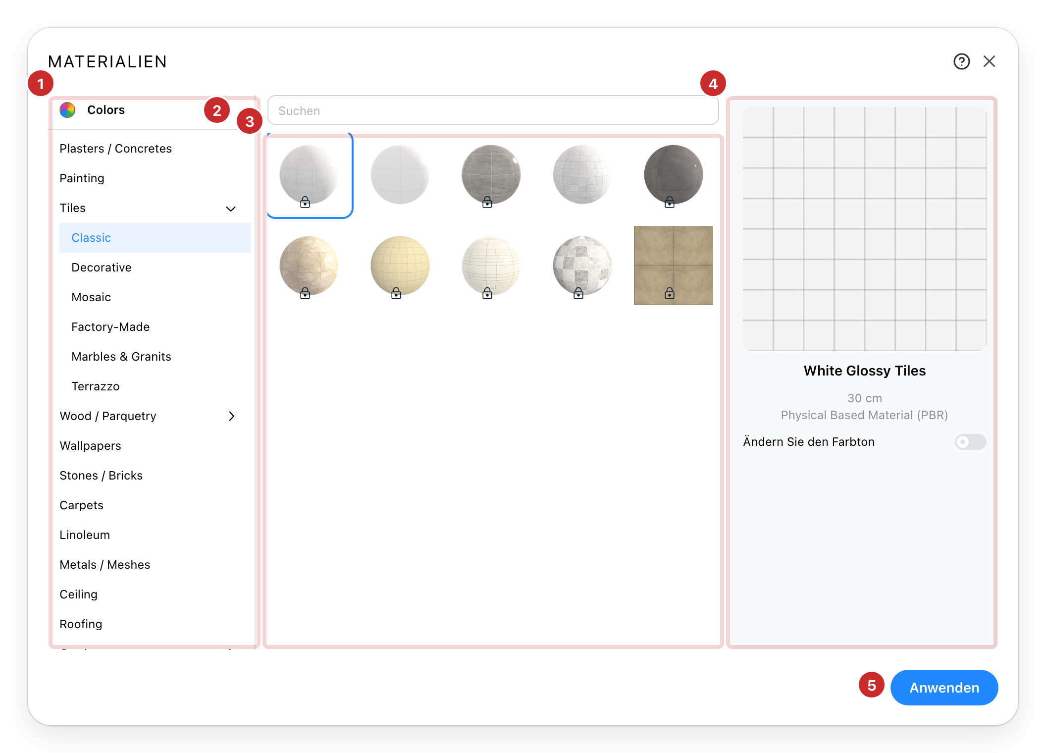 Der Materialdialog, seine fünf Teile nummeriert