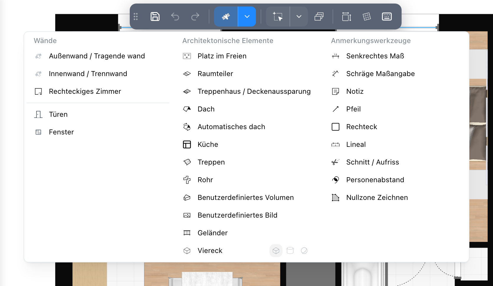 Das Menü der Zeichenwerkzeuge, in der Werkzeugleiste geöffnet
