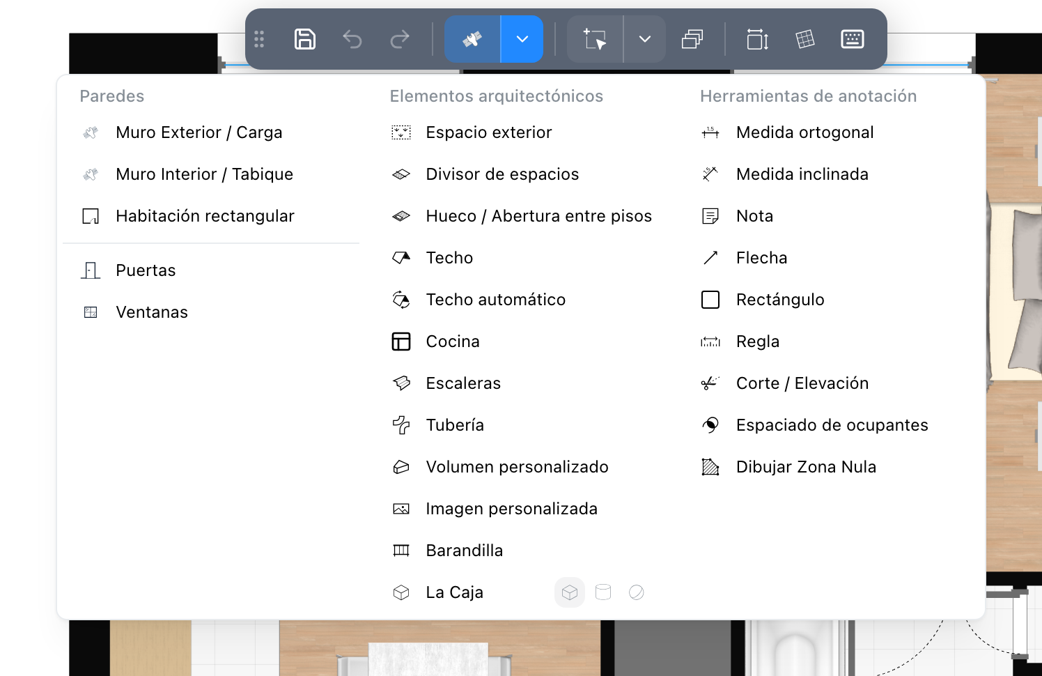 El menú de herramientas de dibujo, abierto en la barra de herramientas