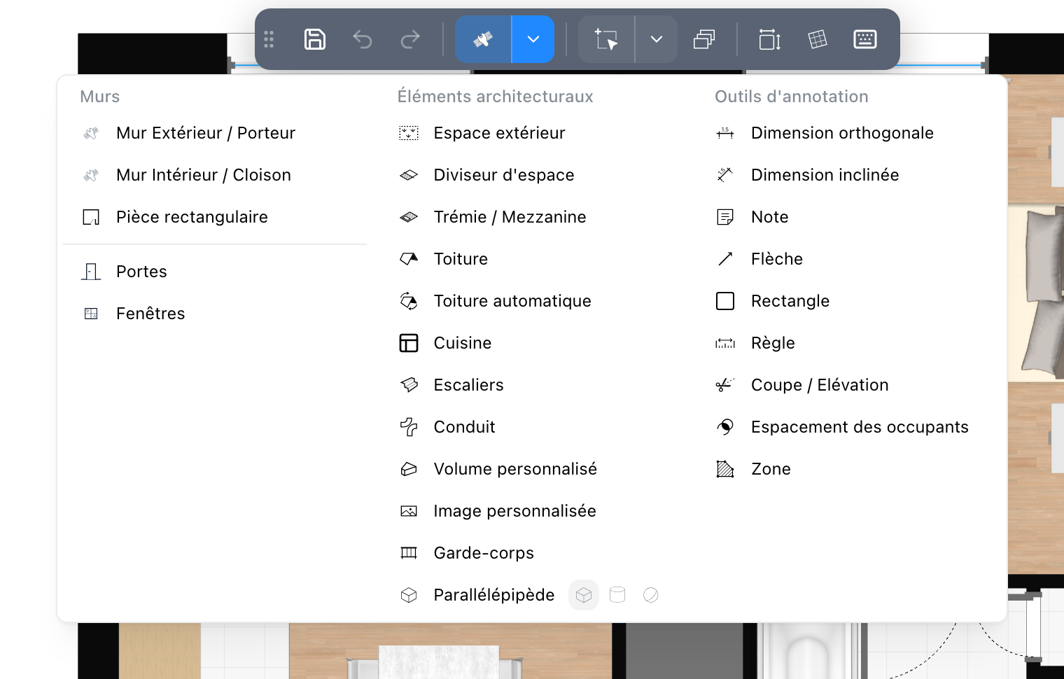 Le menu des outils de dessin, ouvert dans la barre d'outils