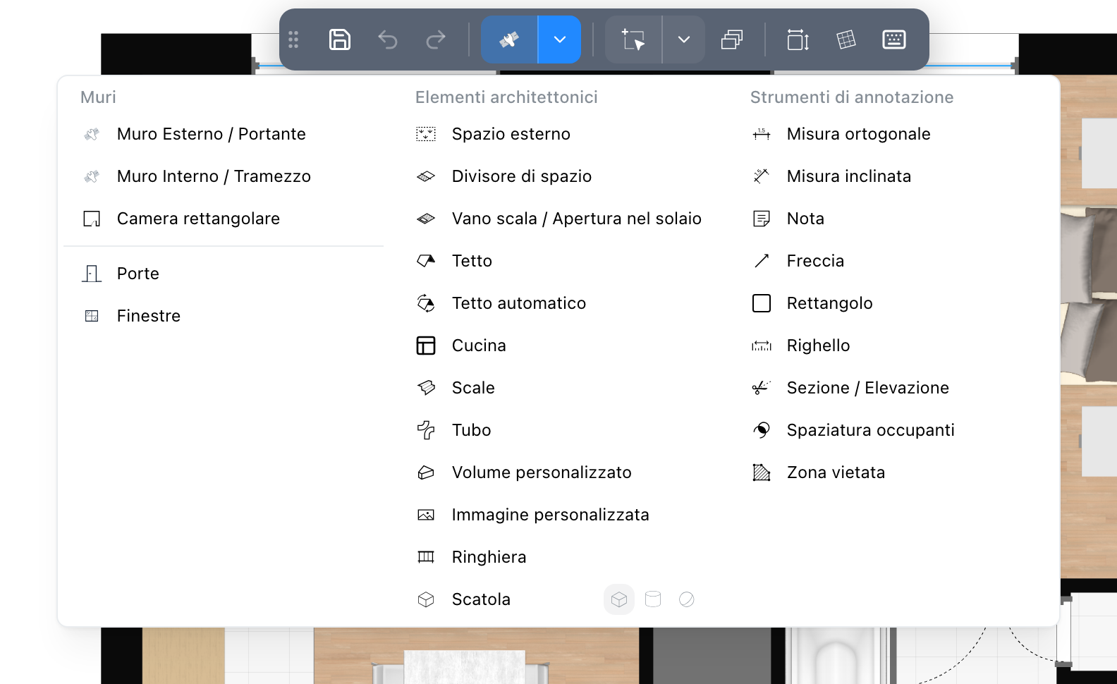 Il menu degli strumenti di disegno, aperto nella barra di controllo
