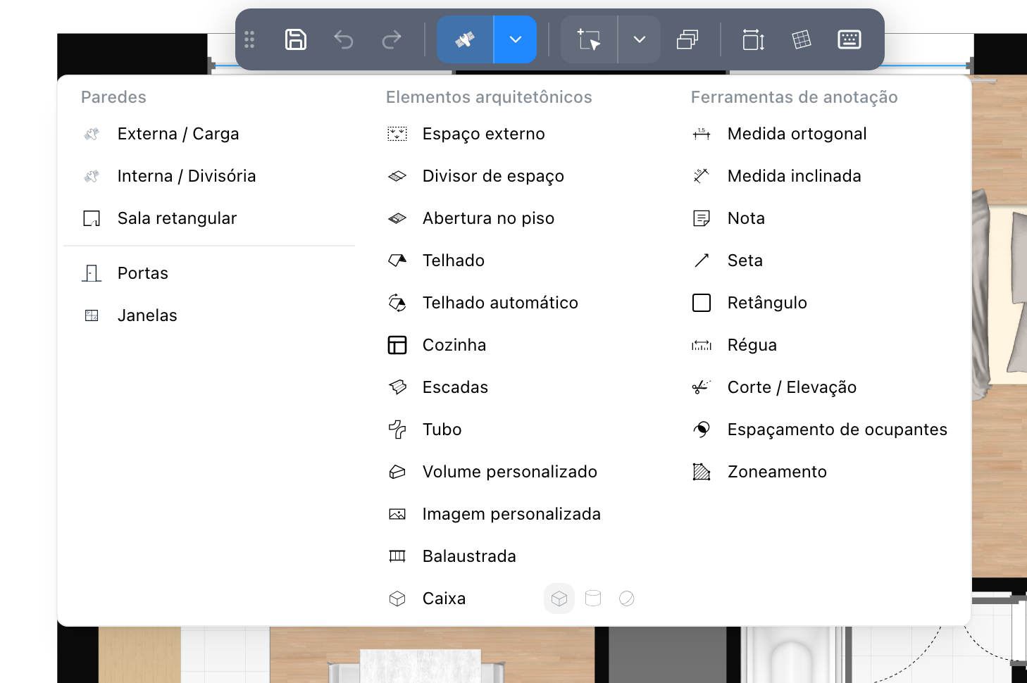 O menu das ferramentas de desenho, aberto na barra de ferramentas