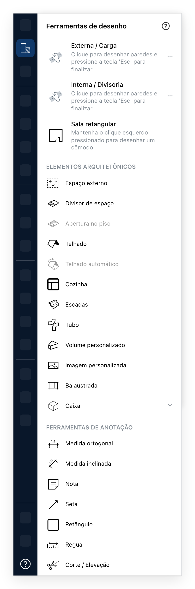 O painel de ferramentas de desenho