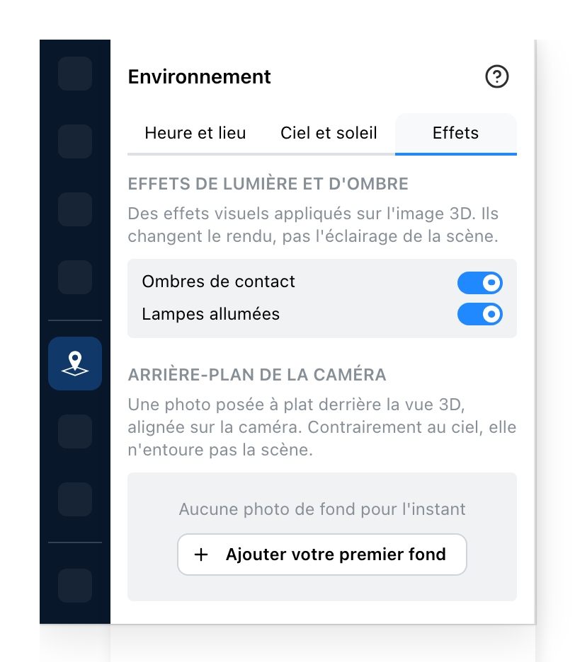 Le panneau Environnement, sur les effets