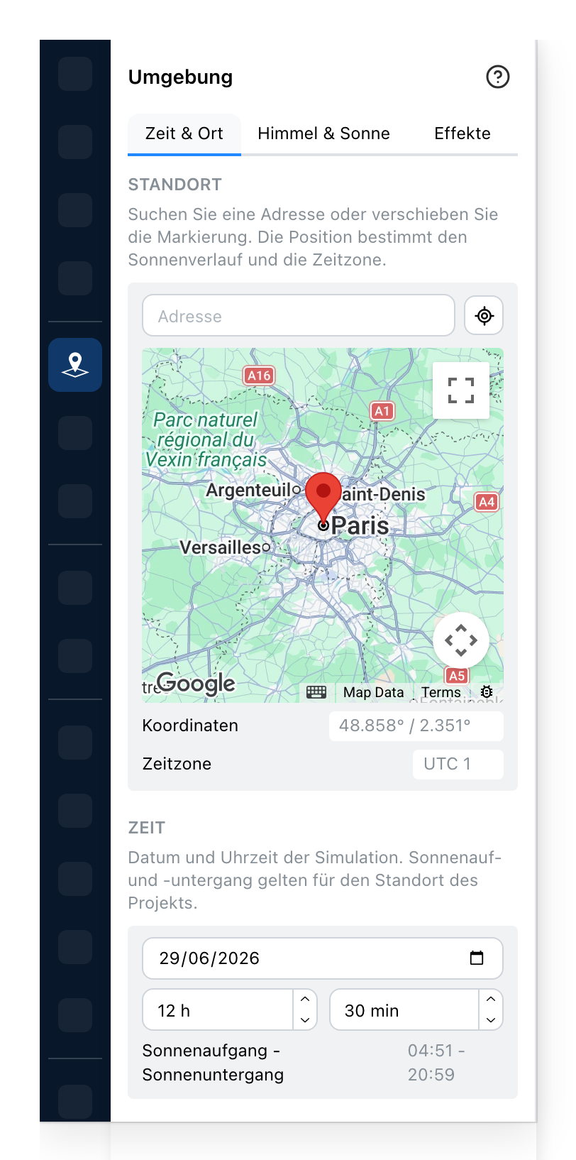 Das Umgebungspanel, Zeit und Ort
