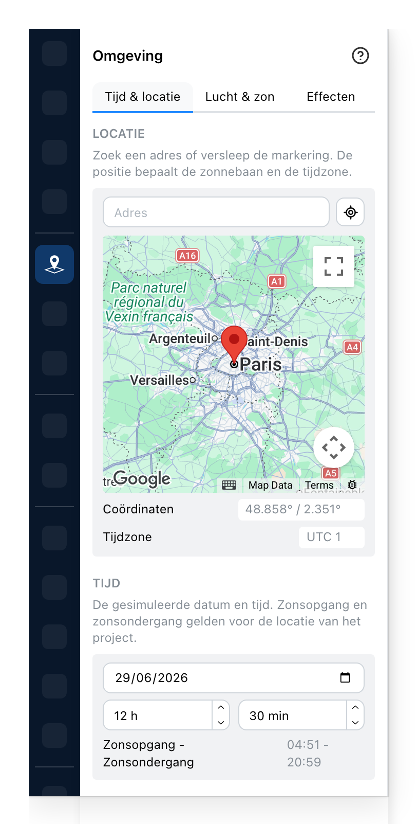 Het omgevingspaneel, tijd en locatie