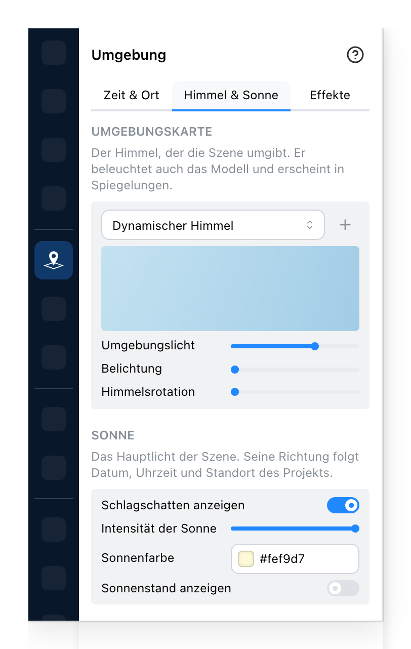 Das Umgebungspanel, Himmel und Sonne