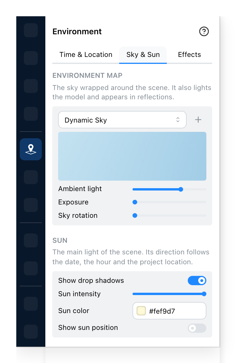 The environment panel, on sky and sun