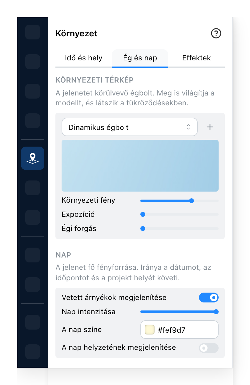 A Környezet panel, ég és nap