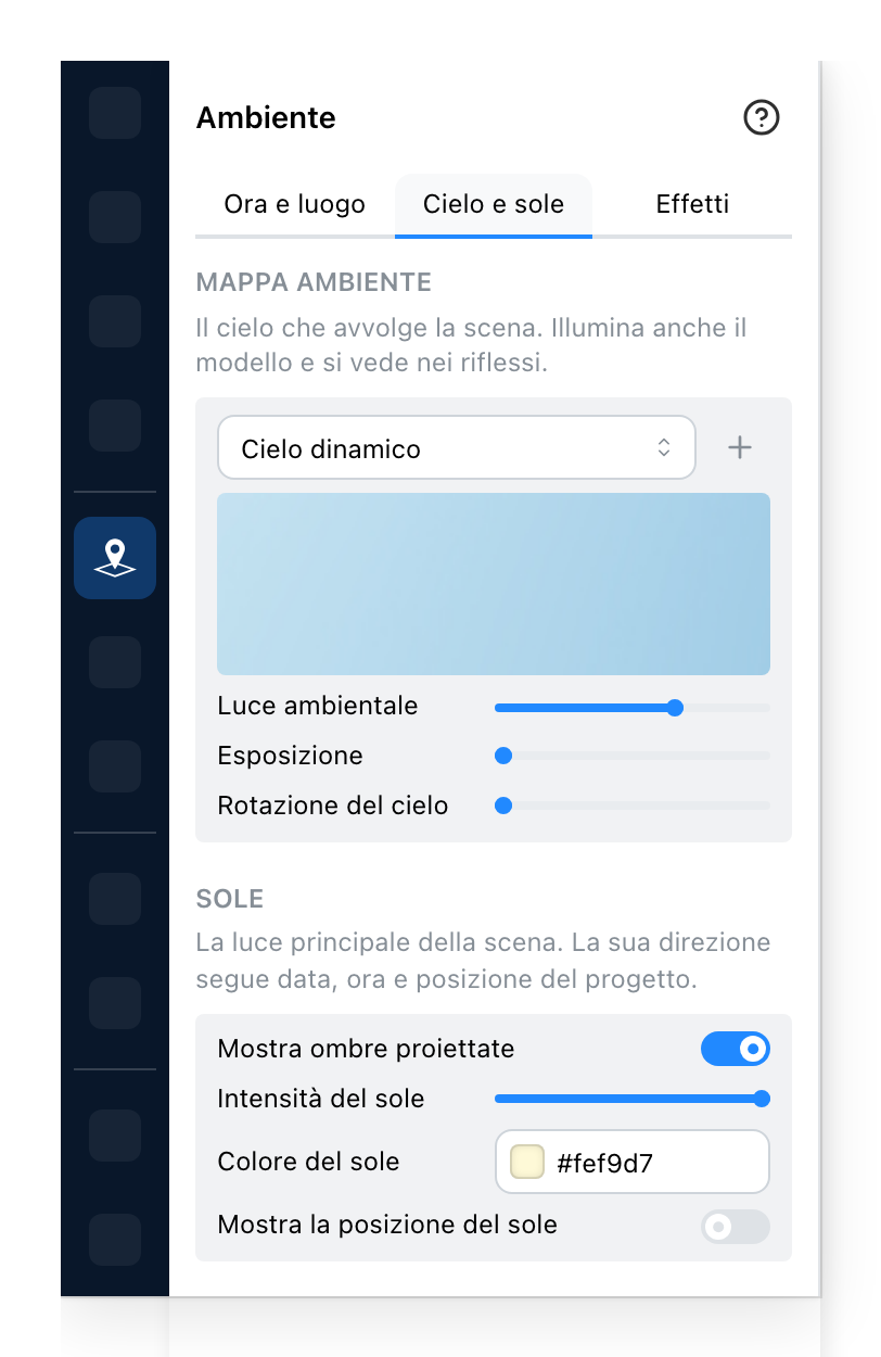 Il pannello Ambiente, su cielo e sole