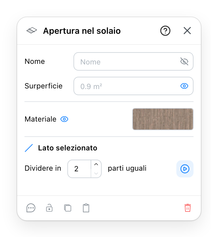 Il pannello Apertura nel solaio
