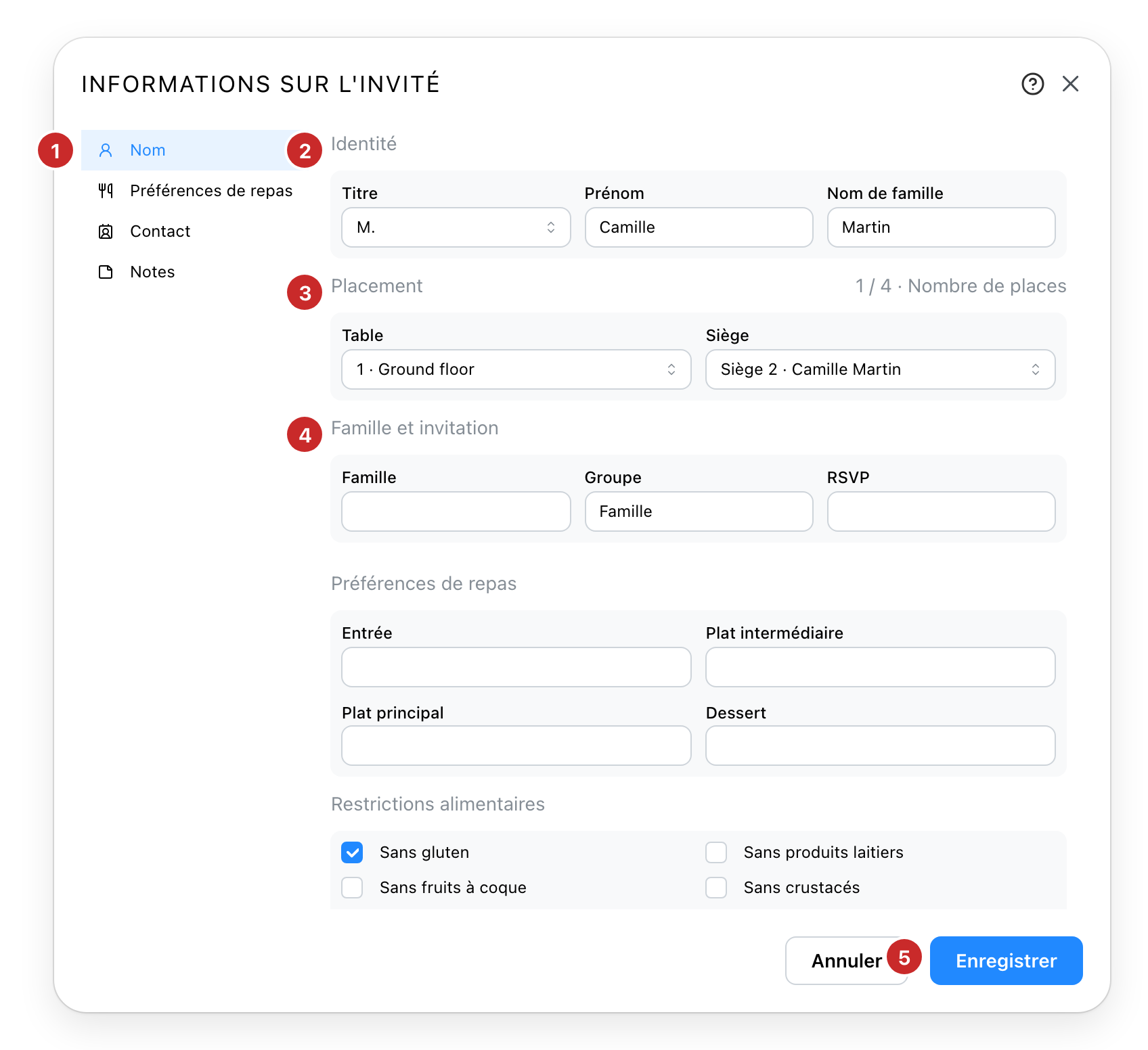 La fiche d'un invité, ouverte sur sa première section