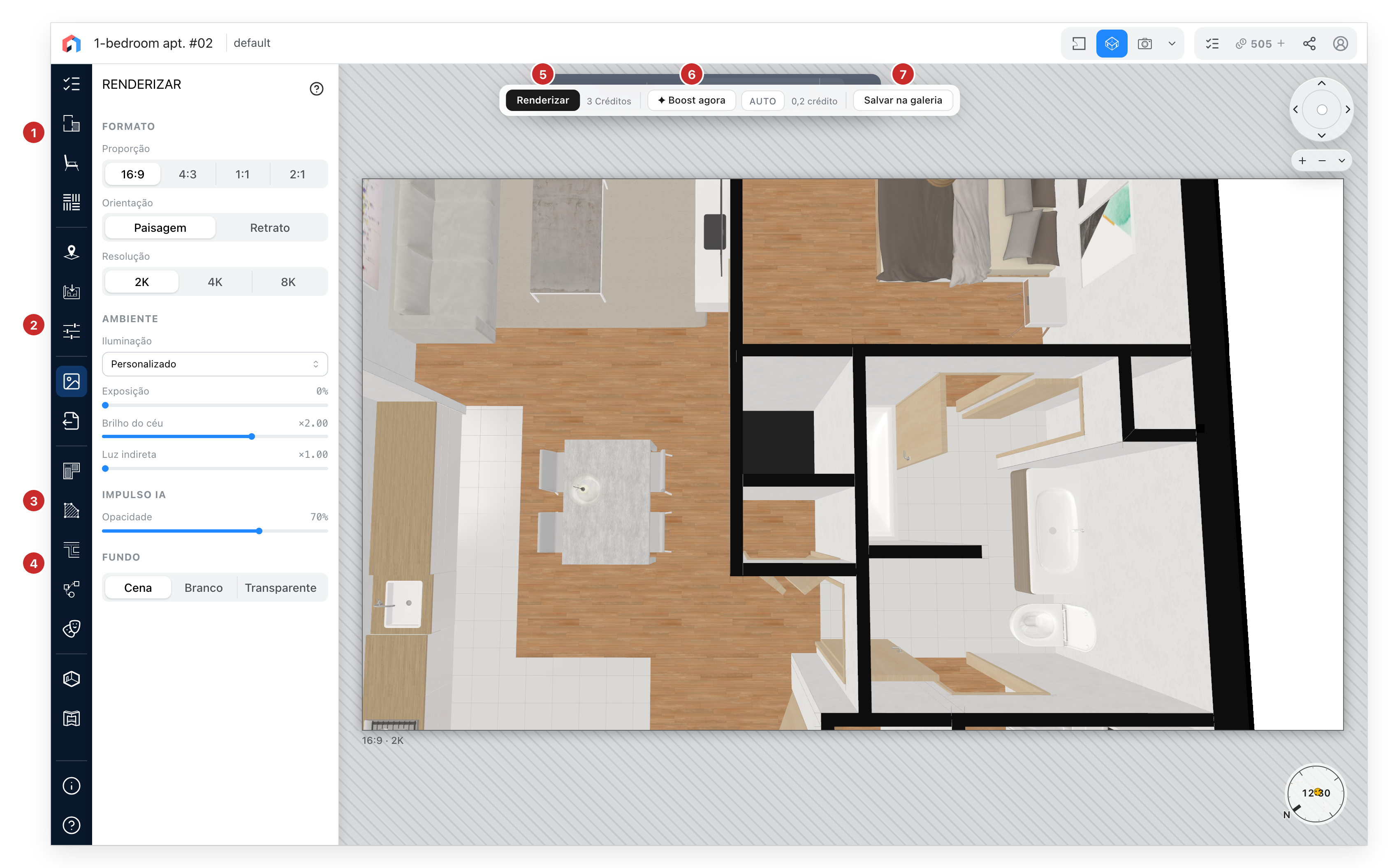 A aba Renderizar na vista 3D, com as suas partes numeradas