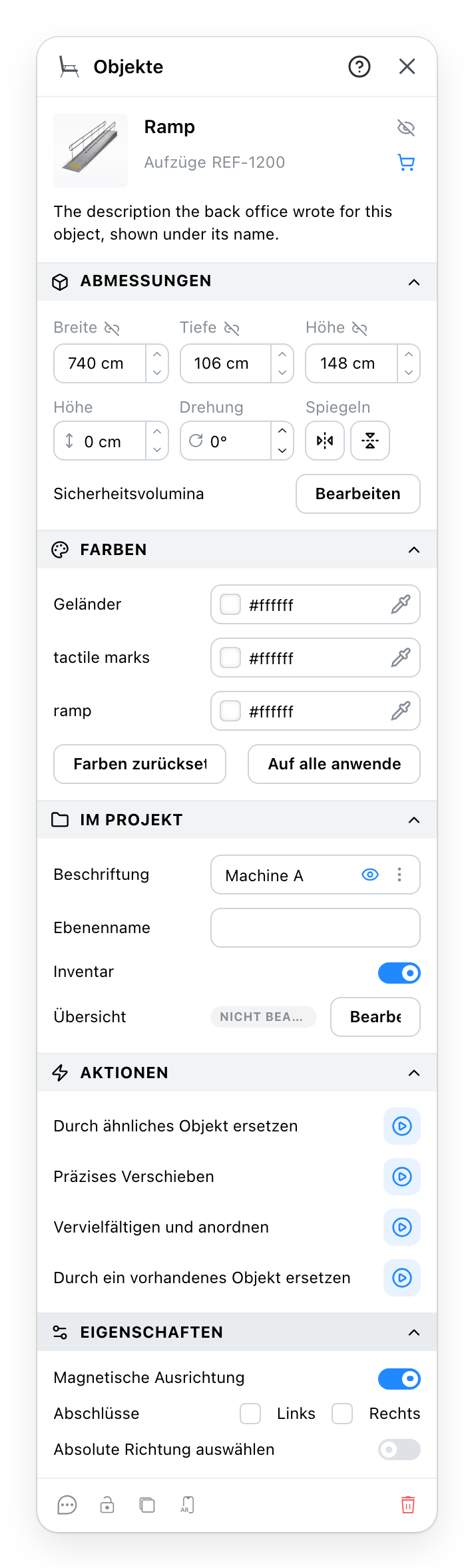 Das Eigenschaftenfeld eines Objekts, mit geöffneten Abschnitten
