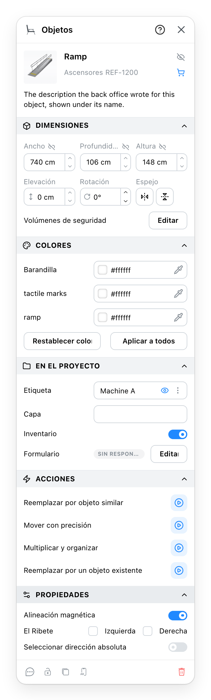 El panel de propiedades de un objeto, con sus secciones abiertas