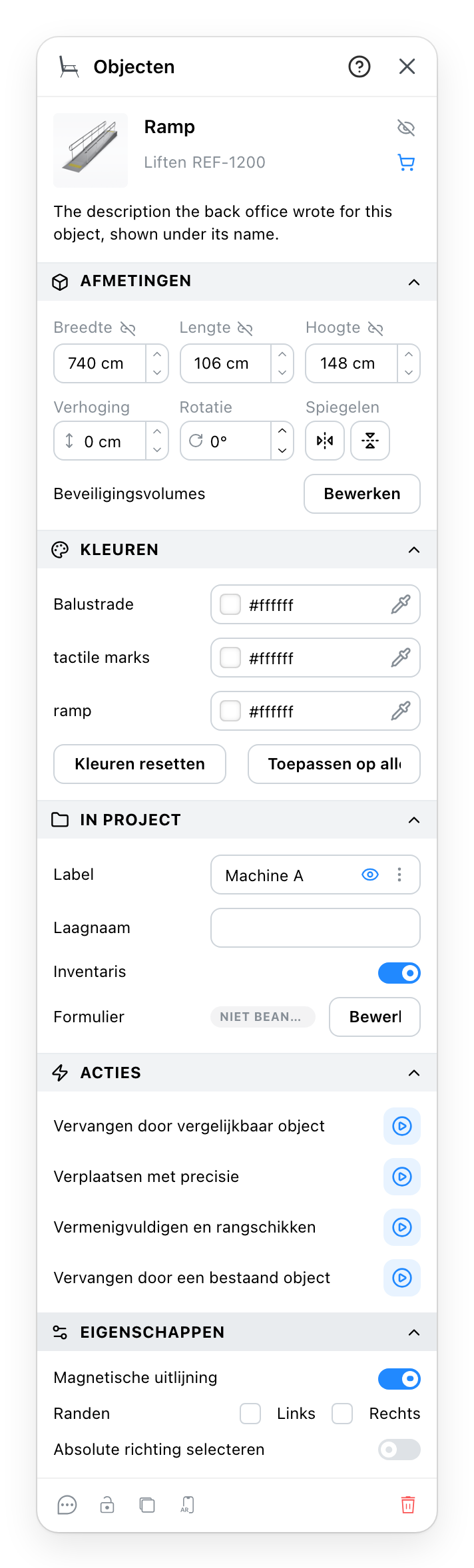 Het eigenschappenpaneel van een object, met geopende secties