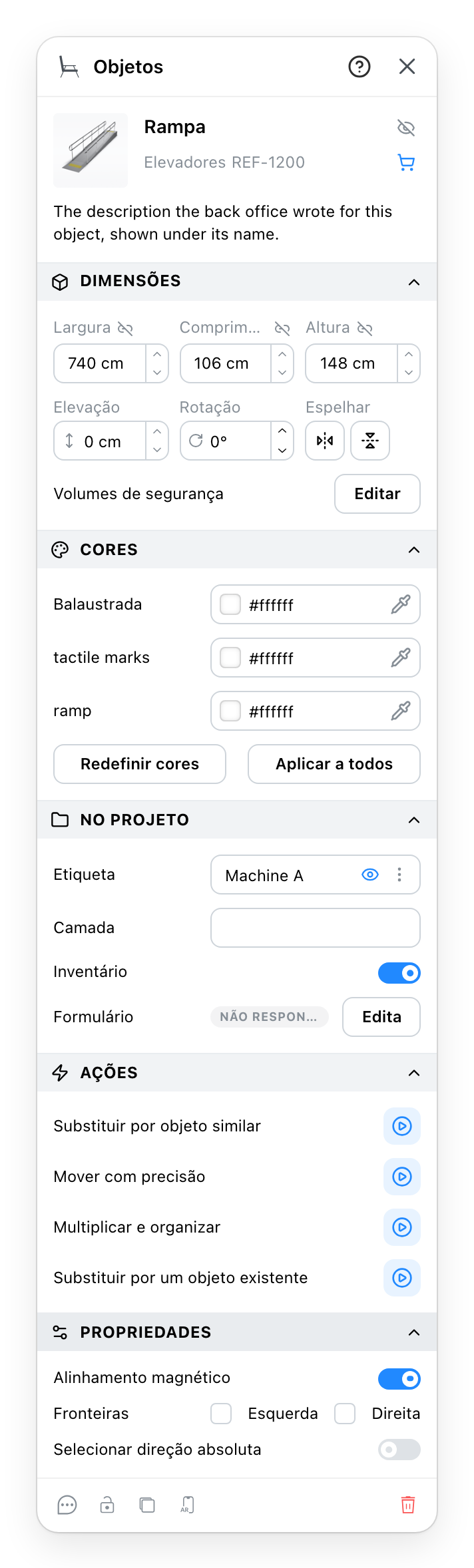 O painel de propriedades de um objeto, com as suas seções abertas