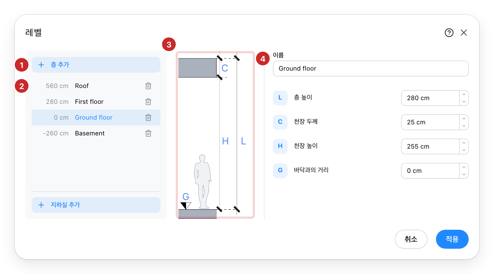 레벨 대화상자, 네 부분에 번호가 매겨져 있음